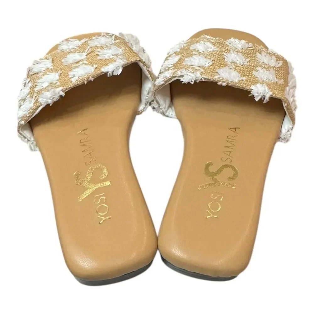 New Yosi Samra Miss Reese White Pom Raffia Slide Sandals 12 12C